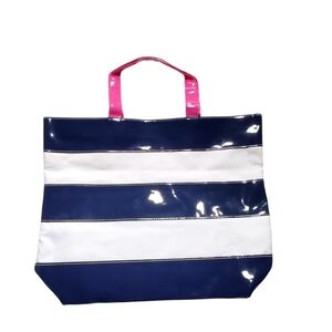 Estee Lauder Navy White Striped Tote Bag Pink Handles Lacquer Glossy